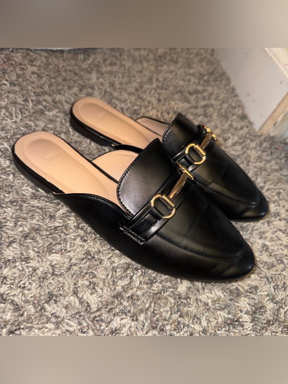 SHEIN Black Faux Leather Slip-On Mule Loafers with Gold Buckle